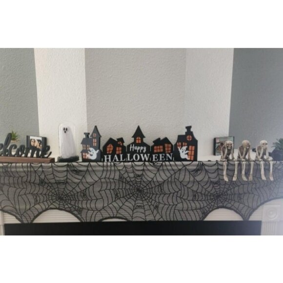 Halloween Cobweb Fireplace Scarf, Black Lace Spiderweb Mantle Scarf - Picture 1 of 1